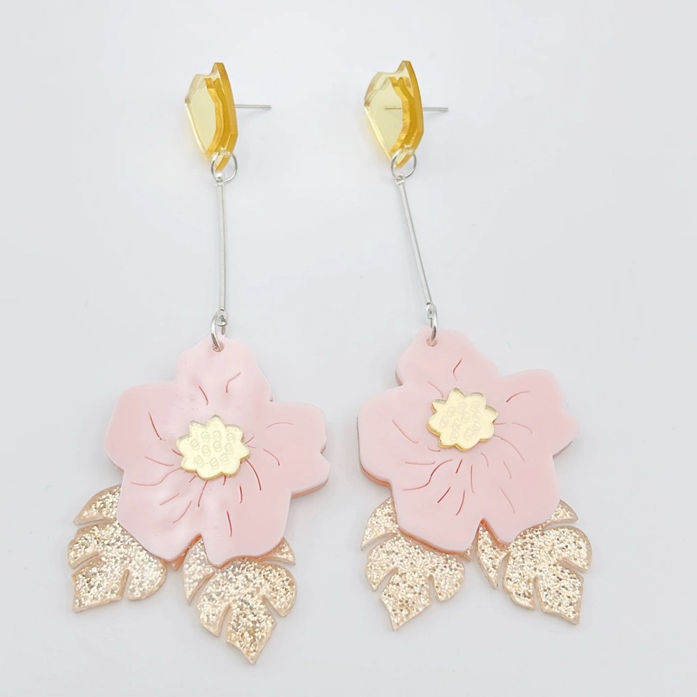 Pink Flower Drop Earrings with Gold Accents